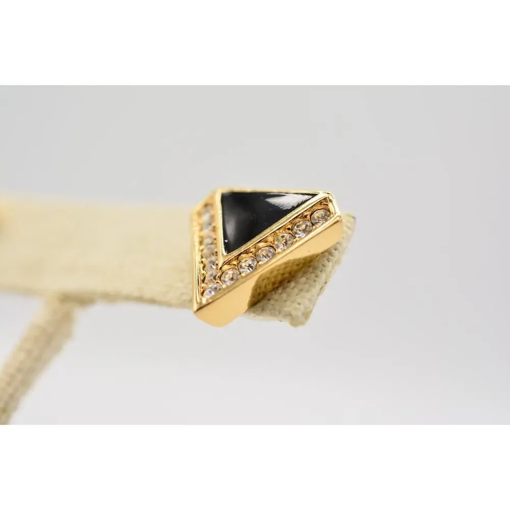 Vintage Triangle Earrings Black Enamel Pave Rhinestone Crystal Stud Gold 80s 9L